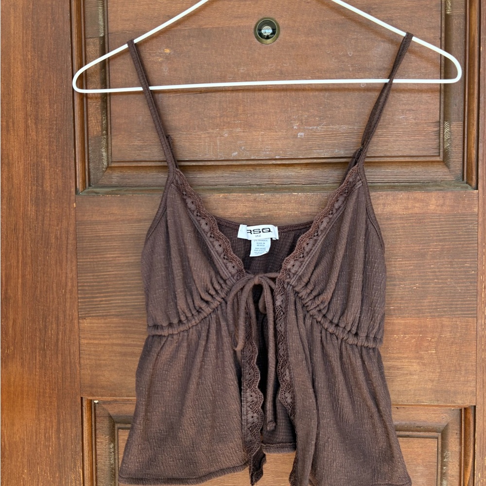 RSQ Chocolate Brown Lace-Trim Tie-Front Cami